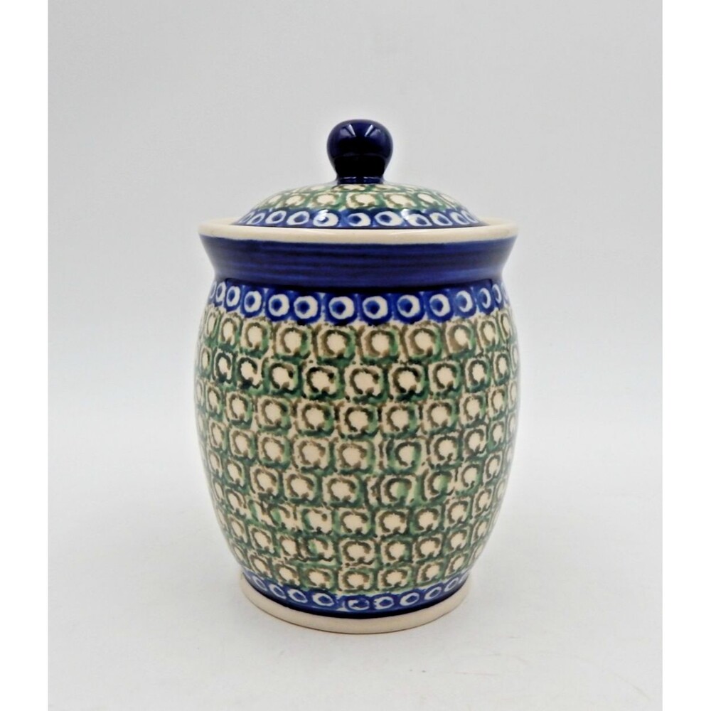 Bolesławiec Polish Pottery Small Canister Jar 5 Inch Green Blue Bullseye